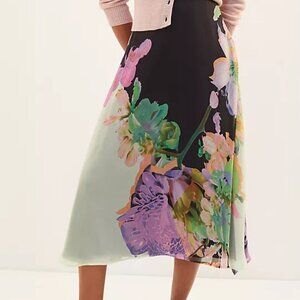 Eva Franco Anthropologie large Floral Midi Skirt A Line chiffon lavender black